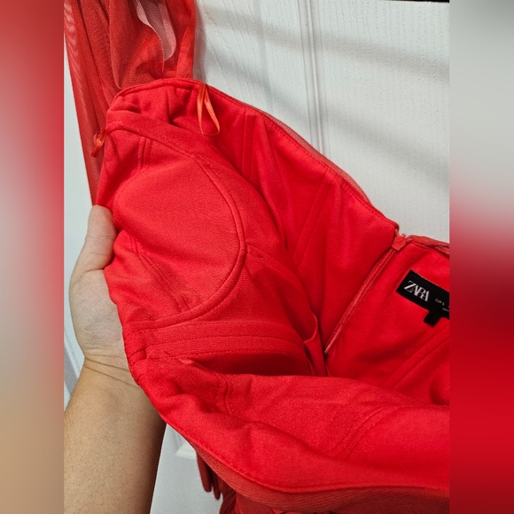 Zara Red Ruched Tulle Corset Style Mini Dress - Picture 8 of 14